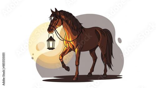 A brown horse with a lantern in its mouth stands in front of a sunset background with its front leg raised