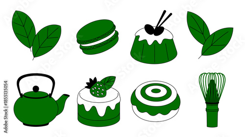 Set of matcha green tea flavored desserts and tea tools illustrations isolated on white background