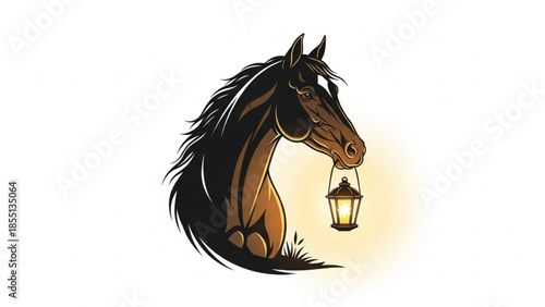 A digital illustration of a horse's head holding a lantern in its mouth against a plain white background with a warm glow