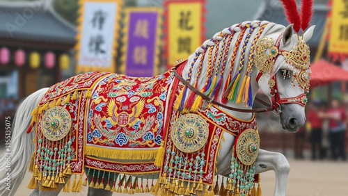 A white horse adorned with vibrant colorful decorations and ornate tassels stands proudly in an Asian setting with blurred background signs