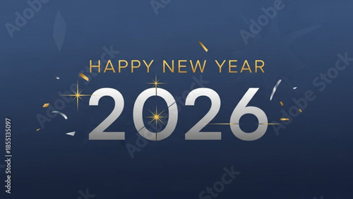 A festive Happy New Year 2026 graphic with silver and gold text and confetti on a dark blue background