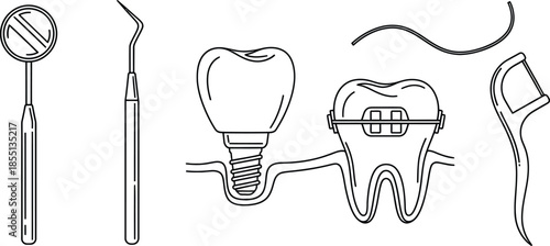 Line art vector set of 5 Dentist tools dental mirror explorer probe tooth implant braces on tooth and dental floss pick
