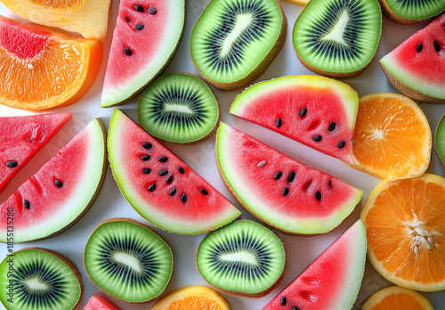 A vibrant assortment of freshly sliced watermelon kiwi and oranges creates a colorful and healthy background