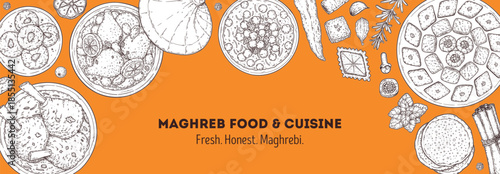 Maghrebi cuisine top view vector illustration. Food menu design template. Hand drawn sketch. Maghreb food menu. Vintage style. Vector drawing illustration.
