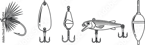 Line art vector set of 5 Fishing Lures (specific) fly fishing hook spoon lure jig head plug bait and bobber float