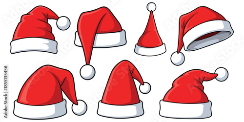 Collection of red santa with white fur claus hats.eps
