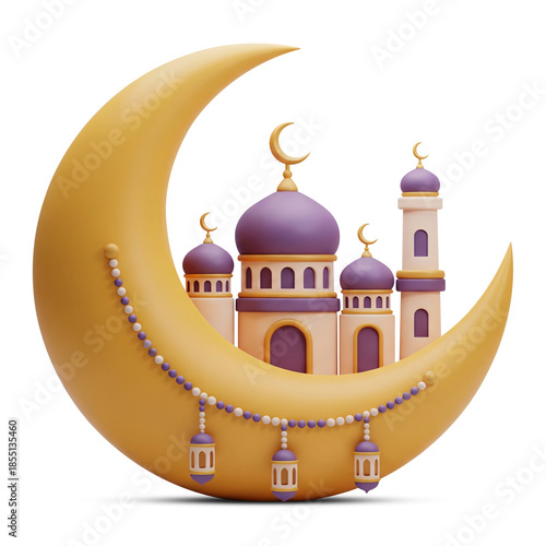3D Ramadan Crescent Moon with Mosque and Lanterns