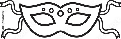 Theatrical Venetian masquerade mask with ribbons and decorative holes in black and white simple line art style on plain background