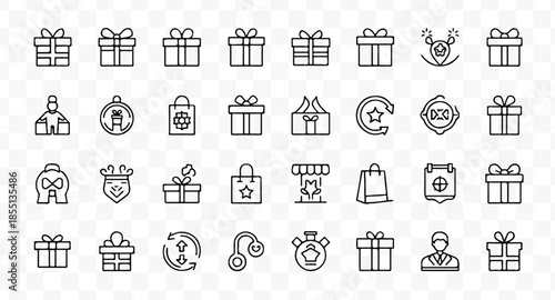 A set of six simple line-drawn gift boxes with ribbons on top, arranged in two rows