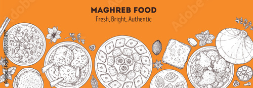 Maghrebi cuisine top view vector illustration. Food menu design template. Hand drawn sketch. Maghreb food menu. Vintage style. Vector drawing illustration.