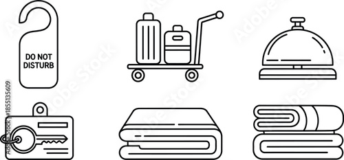 Outline illustration set of 6 Hotel Amenities do not disturb door hanger luggage cart concierge bell room key card and folded towels