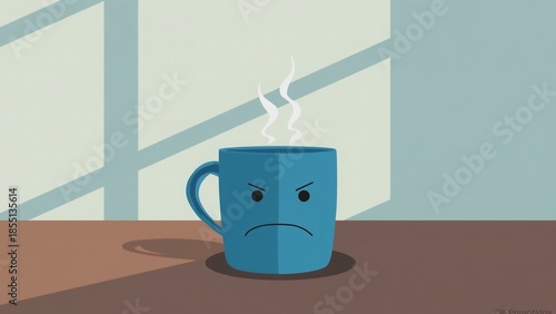 A blue coffee mug with a frowning face sits on a brown table in front of a window.