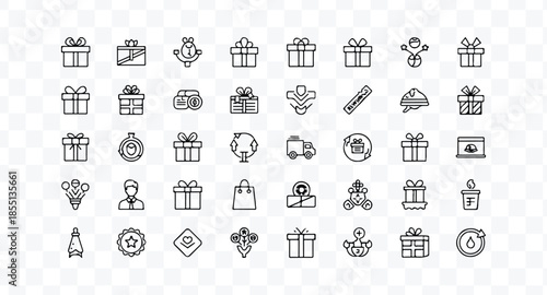 A set of six simple line-drawn gift boxes with ribbons on top, arranged in two rows