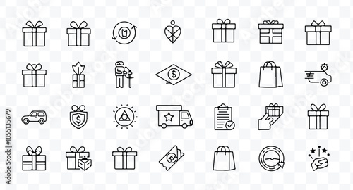 A set of six simple line-drawn gift boxes with ribbons on top, arranged in two rows