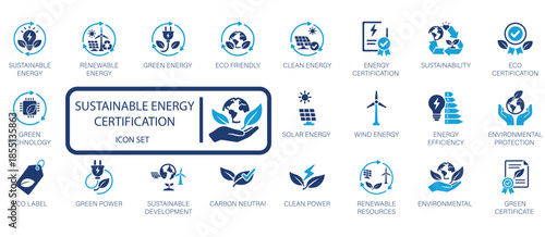 Sustainable energy certification icon set featuring renewable energy, green technology, solar power, wind energy, carbon neutral, eco friendly, and environmental protection symbols.