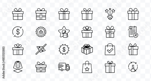 A set of six simple line-drawn gift boxes with ribbons on top, arranged in two rows