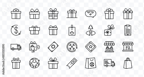 A set of six simple line-drawn gift boxes with ribbons on top, arranged in two rows