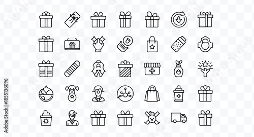 A set of six simple line-drawn gift boxes with ribbons on top, arranged in two rows