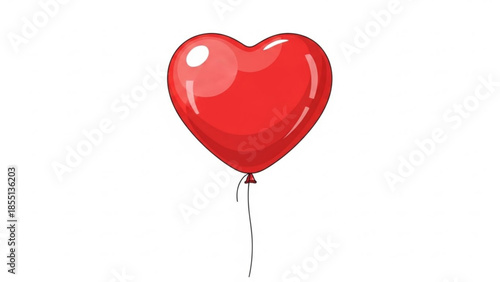 A bright red heart shaped helium balloon floating alone on white background for love or valentine's day concepts