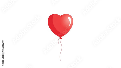 A single red heart shaped balloon floating in air with string tied to bottom on white background