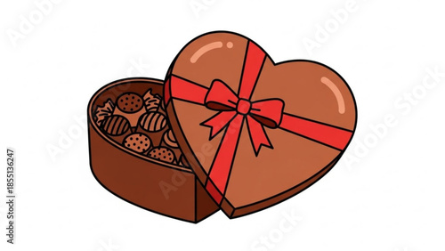 A heart shaped chocolate gift box with a red ribbon and bow opened to reveal assorted chocolates inside on a white background