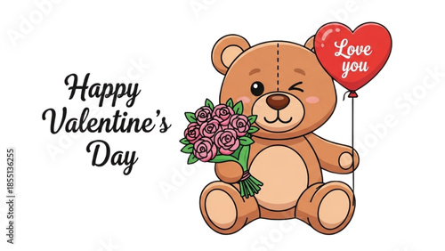 Cute Cartoon Teddy Bear Holding Pink Roses and Red Heart Balloon for Happy Valentines Day Greeting Card Vector Illustration