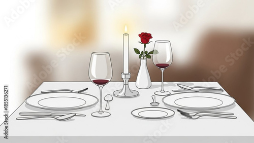 Elegant dinner table setting with wine glasses plates silverware candle and red rose in vase for romantic evening