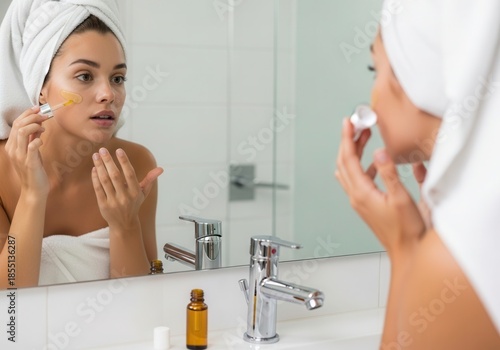 Woman applies nourishing face serum in bathroom for daily skincare.
