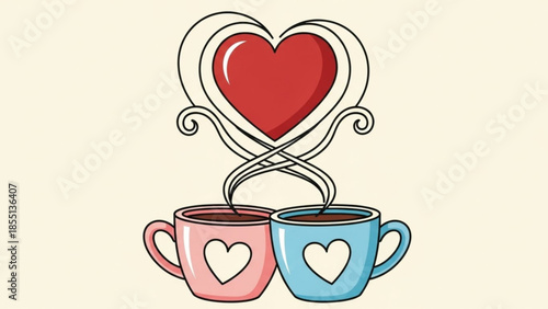 Two heart shaped coffee cups with steam rising and a large red heart above them on a light background, symbolizing love and friendship in a whimsical illustration