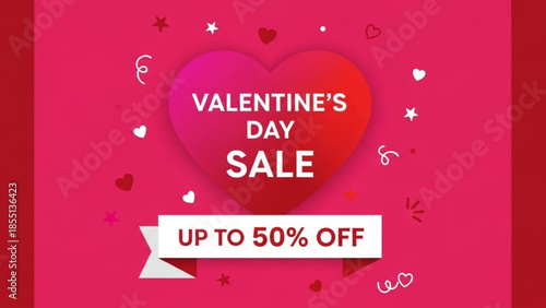 Valentine's day sale banner with heart and up to fifty percent off discount on pink background with white and red hearts
