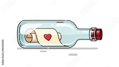 A romantic heart on a rolled up message note inside a clear glass bottle with a red cork stopper on a white background