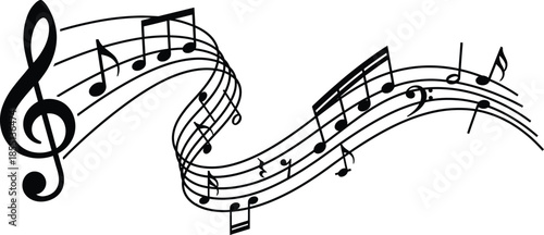 Black and white illustration of swirling musical notes and treble clef