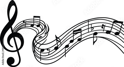 Black and white illustration of swirling musical notes and treble clef