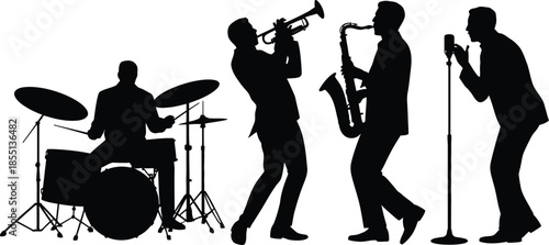 Silhouette of a jazz band with musicians playing trumpet saxophone drums and singing