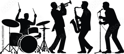 Silhouette of jazz band musicians playing instruments together in harmony