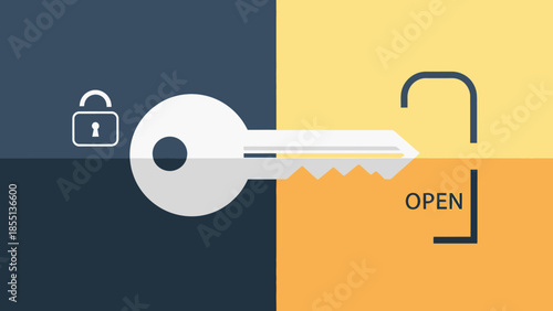 White Key Unlocking Door with Open Text.