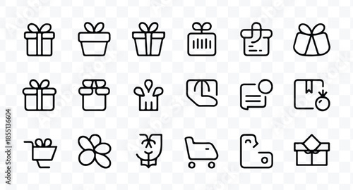 A set of six simple line-drawn gift boxes with ribbons on top, arranged in two rows