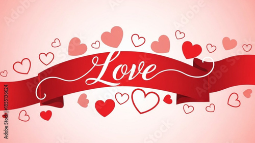 Red banner with love text and hearts on pink background for valentine's day or romantic greeting card design