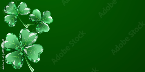 St Patricks day illustration with shiny four-leaf clovers on dark green background in digital art style.