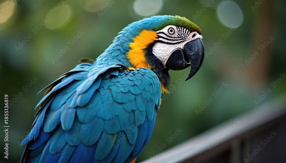 Obraz premium Blue, yellow macaw parrot sits on metal fence with blurred green foliage background. Vibrant tropical bird striking blue feathers, yellow chest plumage. Large black beak visible against white face