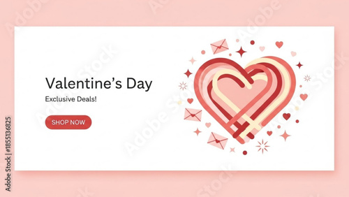 Valentine's day exclusive deals banner with heart and stars on pink background for love and romance