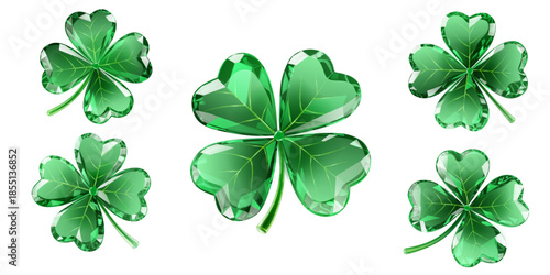 Illustration features green, jewel-like four-leaf clovers on white background, showcasing varying sizes and reflective surfaces.