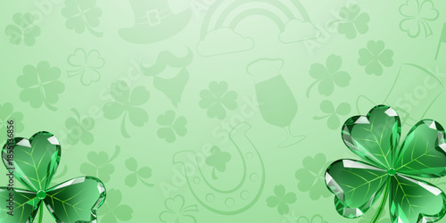 St Patricks day illustration with diamond-like shamrocks, subtle symbols, and soft green gradient background.