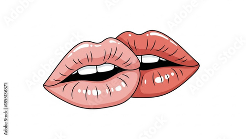 Two pairs of glossy pink lips with white teeth on white background, illustration, kissing, love, beauty, makeup, fashion, design element
