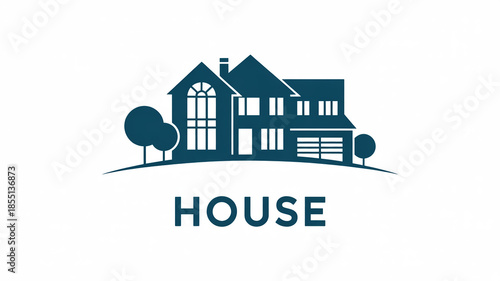 A minimalist logo design featuring a two-story house silhouette in dark teal blue against a white background.