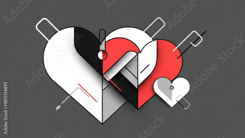 A creative graphic illustration of multiple hearts with puzzle pieces and paper clips on a dark grey background representing love, relationships, and connection