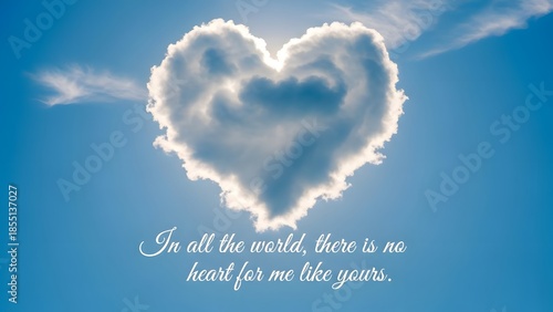 Love quote typography over ultra realistic heart-shaped cloud in blue sky, romantic minimal design, soft lighting, emotional and premium stock image quality
