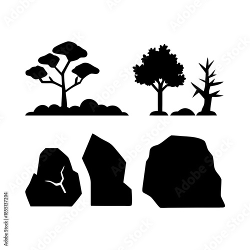 Silhouettes of trees and rocks