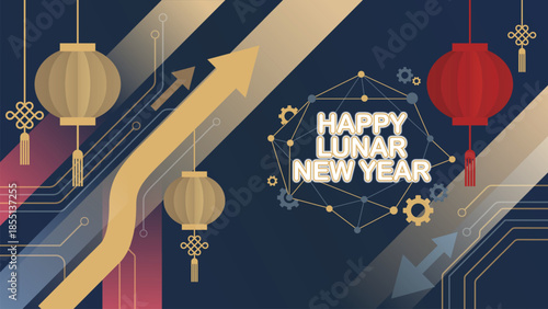 A conceptual vector that celebrates Happy Lunar New Year while highlighting themes of business success and technological innovation. Set against a dark blue background with dynamic color gradients
