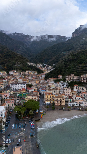 Drone aerial view of Cetara beautiful cliff city of the Amalfi Coast
